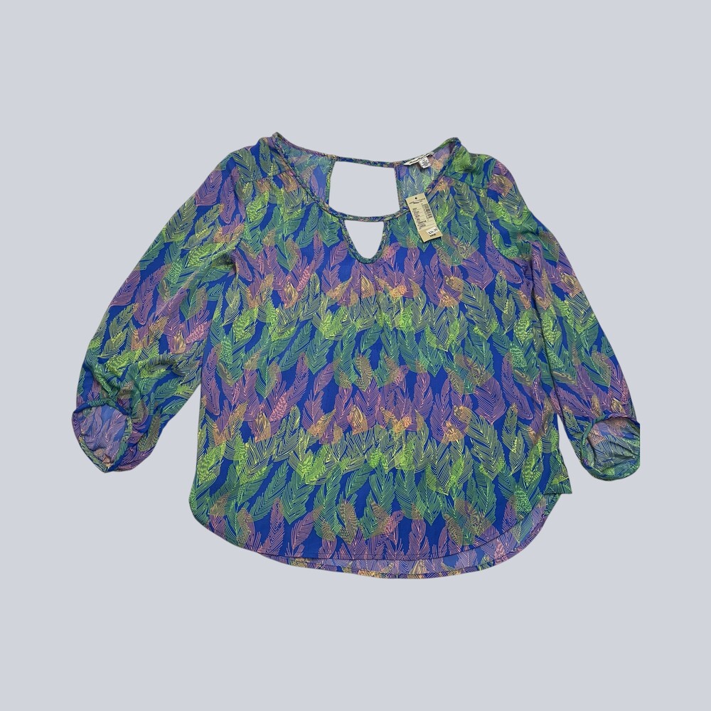 American Eagle Women’s Large Blue Feather Print Cutout Blouse NWT